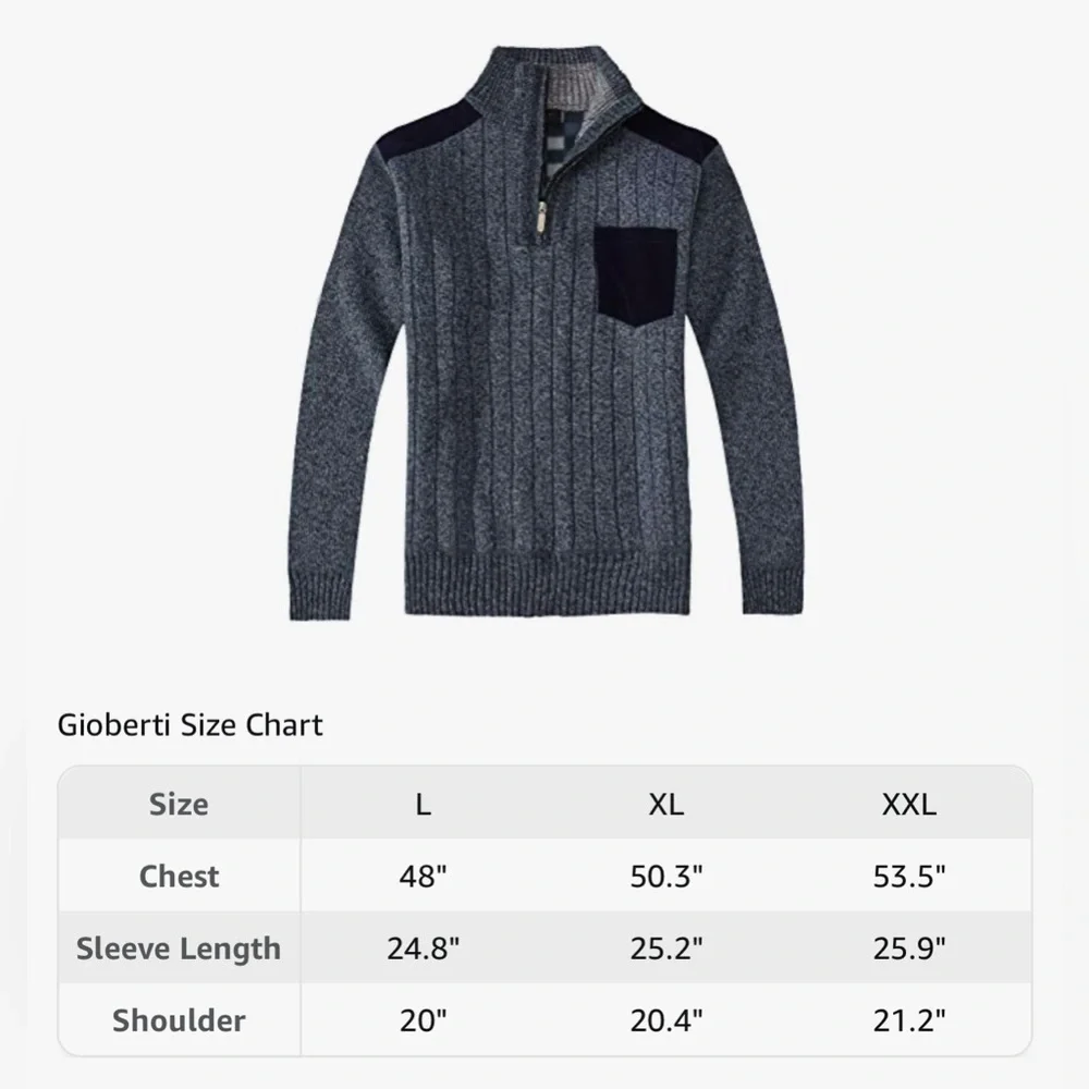 Men's Half Zip Pullover Knit Sweater Soft Brushed Flannel Lining Gioberti NEW